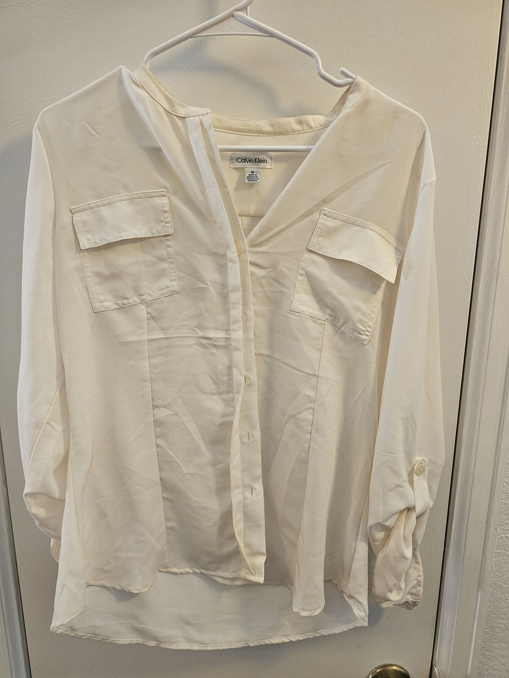 Calvin Klein Women's Cream V-Neck Button Utility Blouse